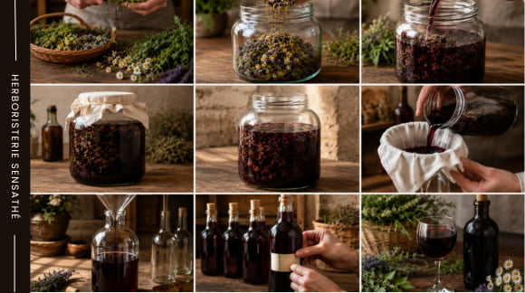 Étapes de préparation d'un vin médicinal aux plantes  macération, filtration et mise en bouteille - Herboristerie Sensathé